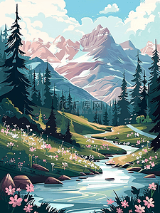 夏季唯美手绘山水风景油画海报插画
