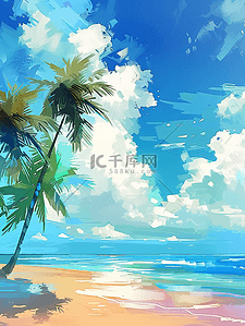 夏季沙滩树木海边手绘插画海报