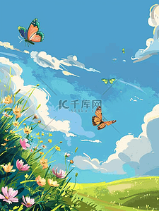 几只蝴蝶插画图片_夏季山坡小草河流手绘插画唯美