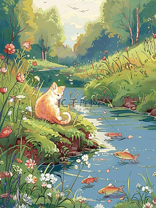 夏季河边花朵小草树木小猫手绘海报插图