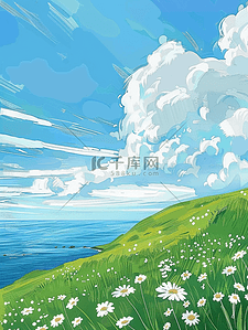 夏天风景唯美手绘插画海报