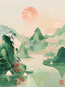 六一轮播图插画图片_端午节手绘山水落日插画海报