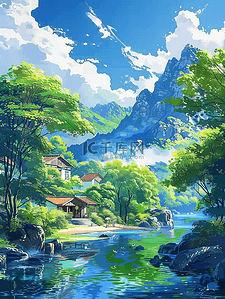 亭子海报插画图片_夏季山峰树木河水手绘插画海报