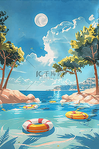 夏天沙滩海报插画图片_夏季手绘插画海边游泳海报