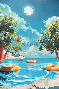 橄榄树插画图片_夏季海边手绘游泳插画海报
