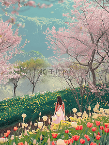 粉色黄色花插画图片_夏季风景手绘女孩樱花树海报插图