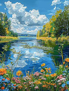 清澈河水插画图片_夏季风景盛开的花树木手绘海报插画
