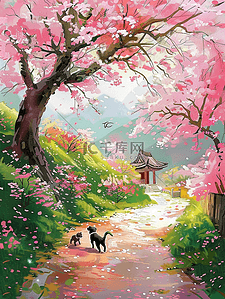 夏天的树下插画图片_夏天唯美风景手绘樱花树插画海报