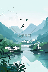 中国传统风海报插画图片_山水手绘插画水墨风水墨风海报