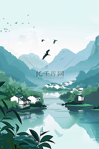 小清新简洁背景插画图片_山水手绘插画水墨风水墨风海报