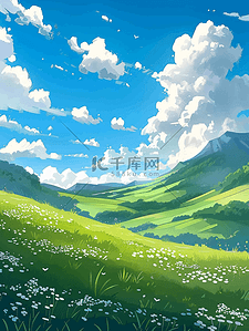 山坡草地小花手绘插画夏季海报