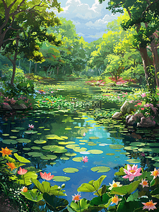 卡通花树插画图片_插画夏天池塘盛开的花树林手绘海报