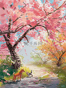 夏天唯美风景樱花树插画手绘海报