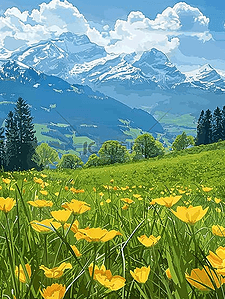 花朵夏季风景山坡盛开油画海报图片