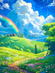 卡通彩虹手绘插画图片_手绘插画夏季风景唯美海报