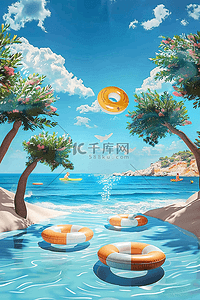 海边游泳手绘夏季插画海报