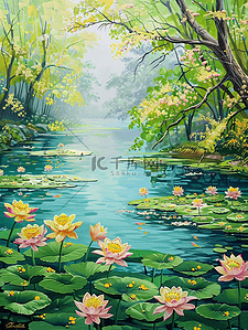 夏天插画池塘盛开的花树林手绘海报