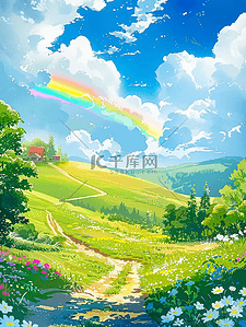 卡通彩虹手绘插画图片_风景夏季唯美手绘插画海报