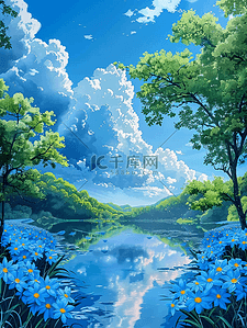 唯美夏季风景湖泊手绘插画海报