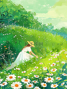 夏天女孩采花草地绿色手绘插画海报