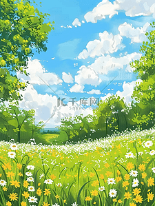 夏季风景插画图片_唯美夏季风景花海手绘插画海报