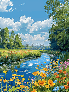 盛开的花插画图片_风景盛开的花夏季树木手绘海报原创插画