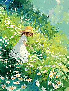 卡通白色的花插画图片_插画夏天女孩采花绿色草地手绘海报
