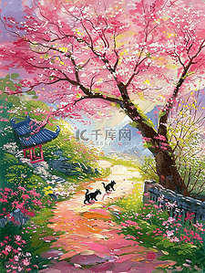 卡通路边野花插画图片_夏天唯美樱花树风景手绘插画海报