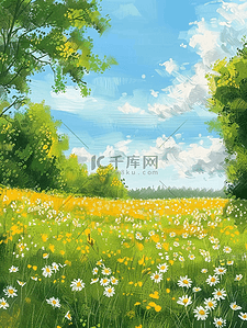 晴空万里插画图片_夏季风景花海唯美手绘插画海报