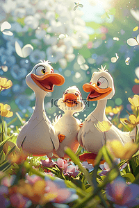 三只插画图片_3d插画海报手绘夏日鸭子鲜花