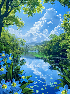 卡通蓝色的白云插画图片_插画夏季唯美风景湖泊手绘海报