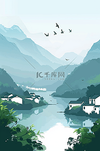 中国线条山水插画图片_手绘水墨风山水插画海报