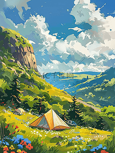 露营帐篷夏天花朵草地手绘海报图片