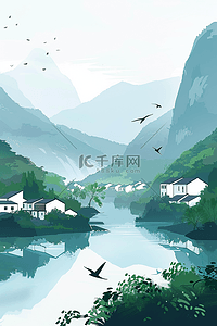 黑色海报背景插画图片_山水手绘插画海报水墨风