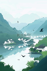 白色线条线条插画图片_水墨风山水手绘海报插画