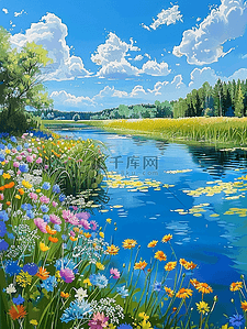 卡通小花花插画图片_夏季手绘海报风景盛开的花树木插画海报