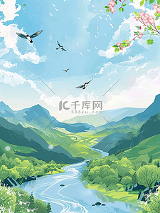 春天卡通海报插画图片_夏天唯美小溪风景山川手绘海报插画设计