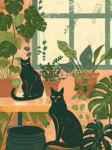 花盆绿植的猫宠物猫插画图片