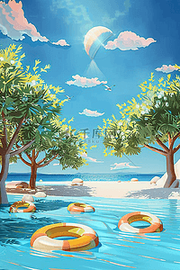 夏季海边游泳海报手绘插画