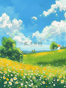 夏季风景花海手绘插画唯美海报