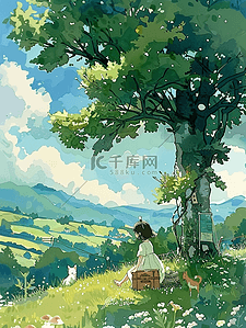 出游山坡夏季大树女孩手绘插画