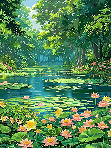 夏天池塘盛开的花插画树林手绘海报