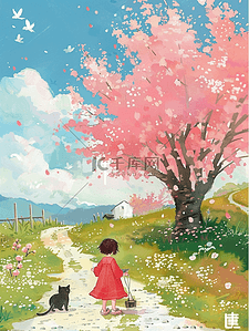 石子插画图片_夏季唯美玩耍樱花树孩子手绘插画海报