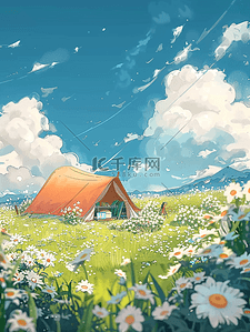 夏天帐篷露营花朵草地手绘海报插图