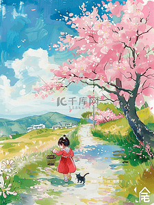 唯美樱花树夏季孩子玩耍手绘插画海报