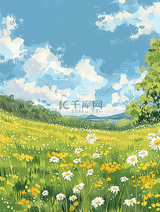 唯美风景花海手绘插画夏季海报