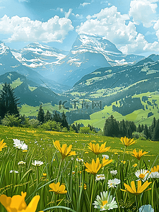 白色风景插画图片_夏季海报风景山坡盛开花朵油画插画素材
