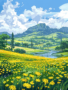 夏天山坡手绘花草插画海报