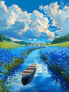 卡通花朵矢量插画图片_夏天唯美风景蓝色花海手绘海报矢量插画