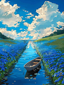 小花蓝色插画图片_唯美风景蓝色夏天花海手绘海报插画素材